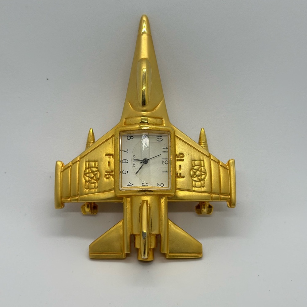 USAF Fighter Jet Desk Clock 3x3.75in Gold Silver Spinning Military Collectible